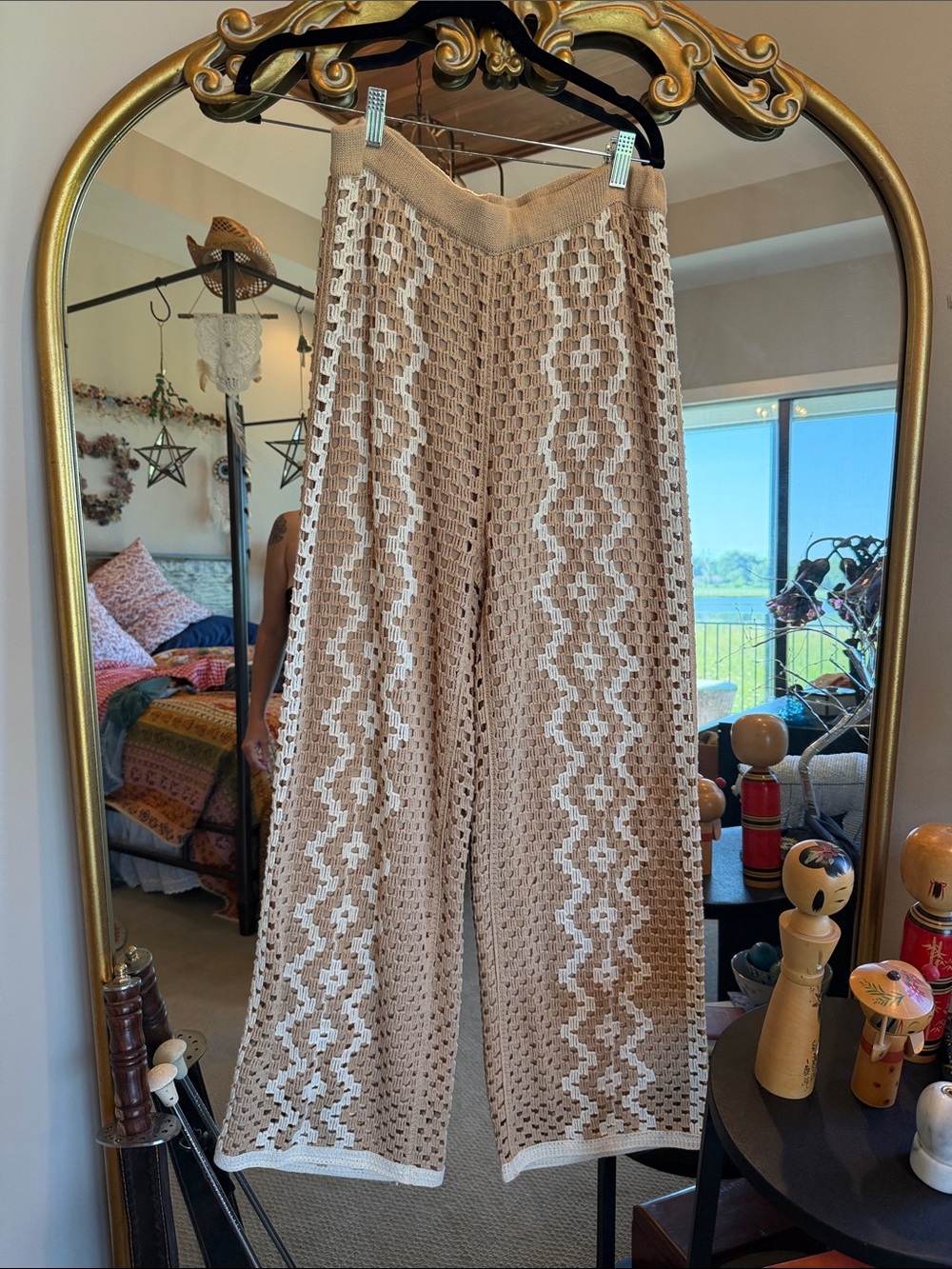 Beige Crochet Wide-Leg Pants - Neutral Boho Style